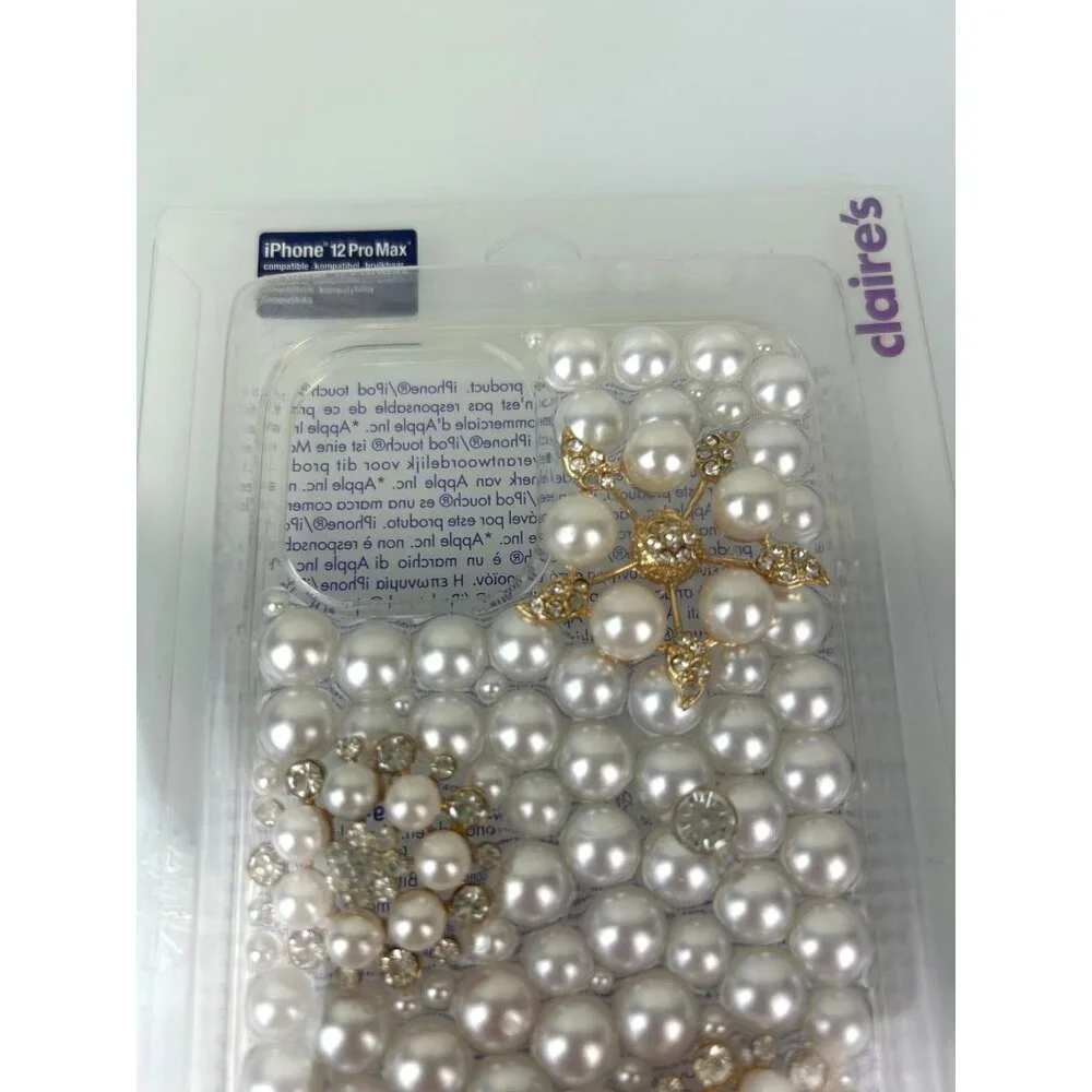 Claire's Iphone 12 ProMax Protective Phone Case White Pearl Rhinestone Floral